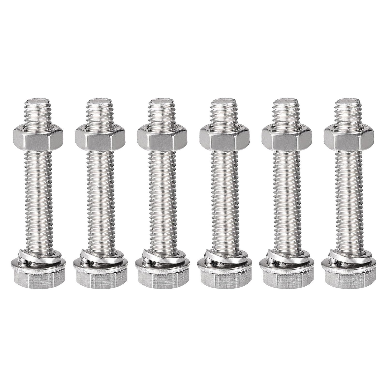TOP-VIGOR 6Pcs M8 x 45mm Hex Head Screws Bolts, Nuts, Flat & Lock Washers Kits, 304 Stainless Steel Fully Thread Hexagon Bolts for DIY Bike Motorcycles Repair