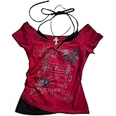 Baby Tee Y2k Women Grunge Top Emo 2000s Vintage Fake Two Piece Short Sleeve T Shirt Crop Tops Teens