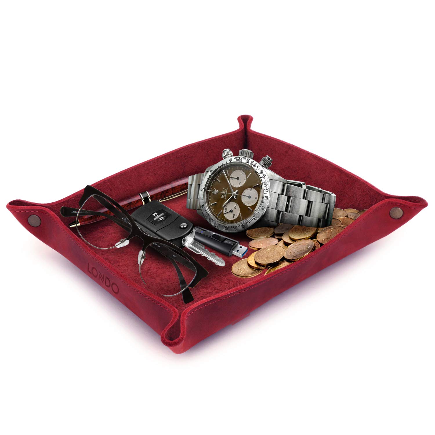 LONDO Genuine Leather Tray Organizer Storage for Wallets Watches Keys Coins Cell Phones and Office Equipment