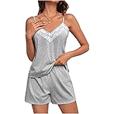 OYOANGLE Women's Pajama Sets Lace Trim V Neck Spaghetti Strap Camisole Top and Shorts 2 Piece Lounge Set