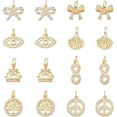 Pandahall 16Pcs 18K Gold Plated Charms Cubic Zirconia Brass Bow Charm Infinity Crown Peace Sign Pendants with Jump Rings for DIY Permant Jewelry Making Bracelet Necklace