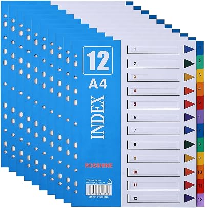 ROSSHINE 10 Pack 1-12 Part A4 File Dividers 11-Hole PVC Multi-Colour Content
