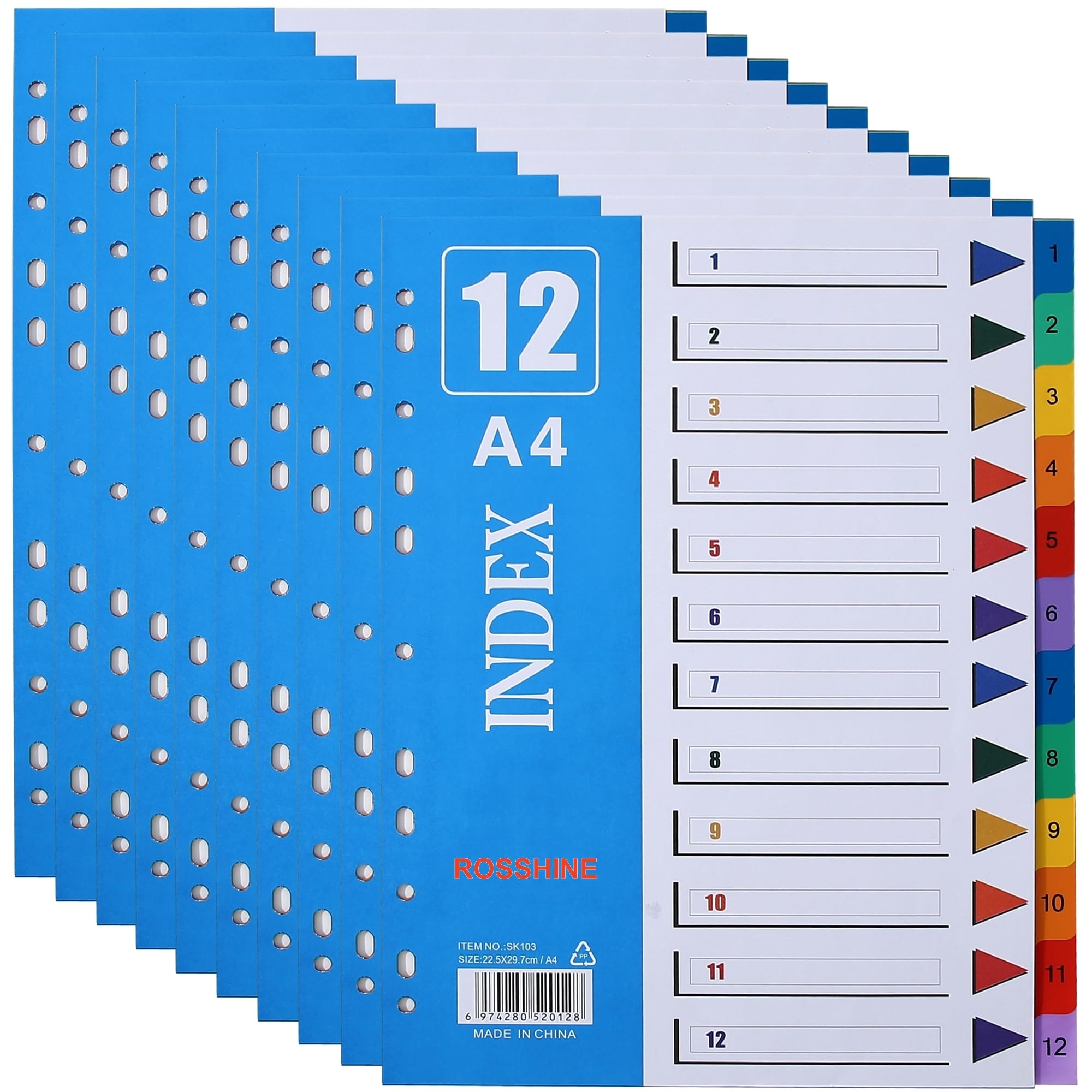 1-12 Part File Dividers A4, 【10Pack】 Plastic A4 Folder Dividers for Ring Binders with11-Holes & Content List, Multi-Colour Index Dividers for Lever Arch Files Ideal for Office School