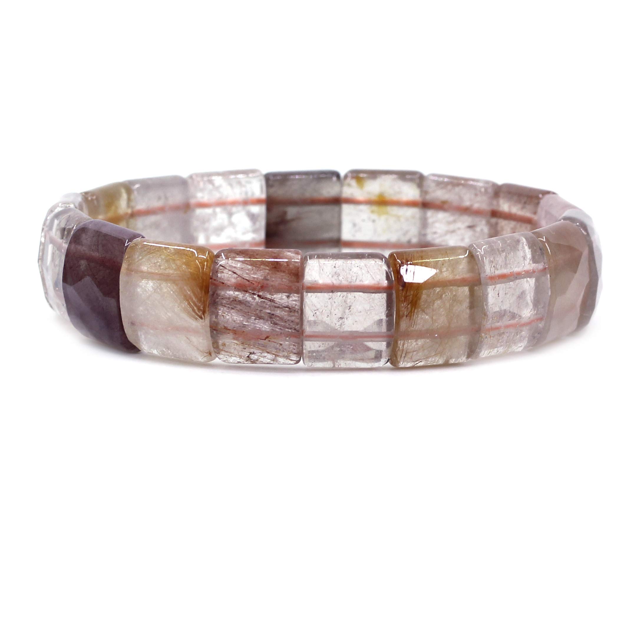 CHENYUE Natural Multicolor Rutilated Quartzite Gem Semi Precious Gemstone 15mm Faceted Square Grain Beads Stretch Bracelet 7.5 Inch