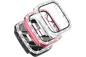 FULLIFE 3-Pack Compatible with Apple Watch 44mm Face Covers Series 6 5 4 Crystal Bumper Case with Tempered Glass Screen Protector Bling Frame iWatch SE2/SE for Women(44mm, Black/Pink/Clear)