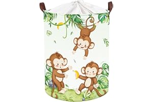 Clastyle 45L Tropic Vine Monkey Easter Laundry Basket Green Palm Leaf Clothes Hamper for Boy Girl Round Toy Clothes Storage Basket for Nursery Room