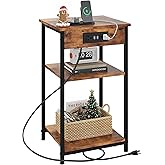WLIVE End Table with Charging Station, Small Night Stand with 3 Storage Shelves, Side Tables for Small Spaces, Bedside Tables for Living Room, Bedroom, Rustic Brown