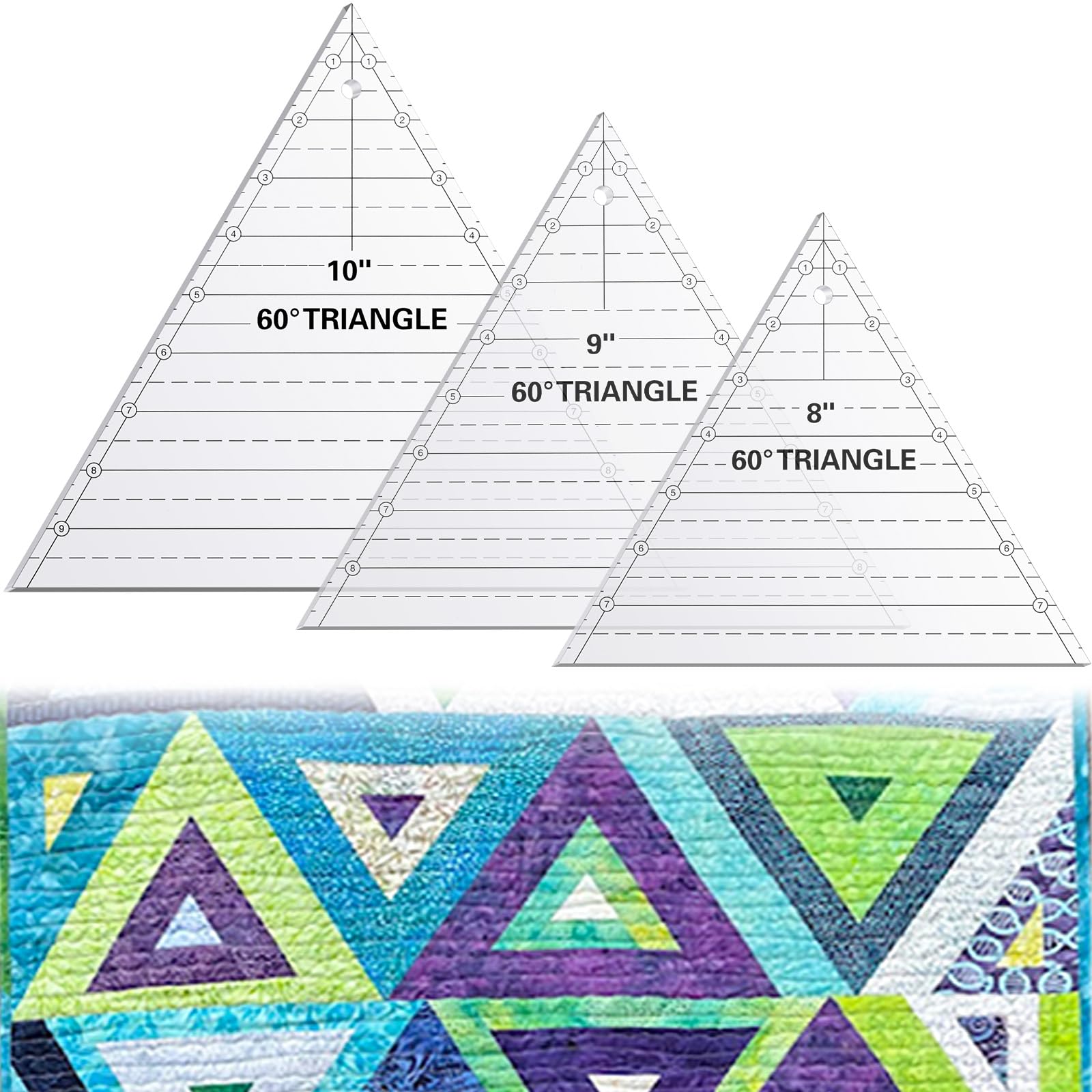 Photo 1 of Kigley 3 Pcs 60 Degree Triangle Ruler for Quilting 8 9 10 Inch Acrylic Template Rulers Quilting Sewing Layer Cake Patchwork Supplies for Cutting Pattern DIY Craft(Clear)
