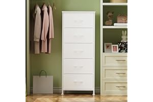 YILQQPER Dresser for Bedroom with 5 Drawers, Tall Storage Tower Dresser for Closet&Nursery, Fabric Dresser with Leather Finish&Wood Top, White