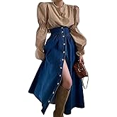 utcoco Women's High Waist Long Denim Skirt Button Down Swing A-Line Jean Maxi Skirt with Pockets