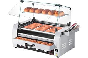VEVOR Hot Dog Roller, 18 Hot Dog 7 Rollers, Stainless Steel Sausage Grill Cooker, 1200W Hot Dog Machine with Bun Warmer, Cover, 3 Temp Control, Side Storage Box, Oil Drip Tray, for Home & Commercial