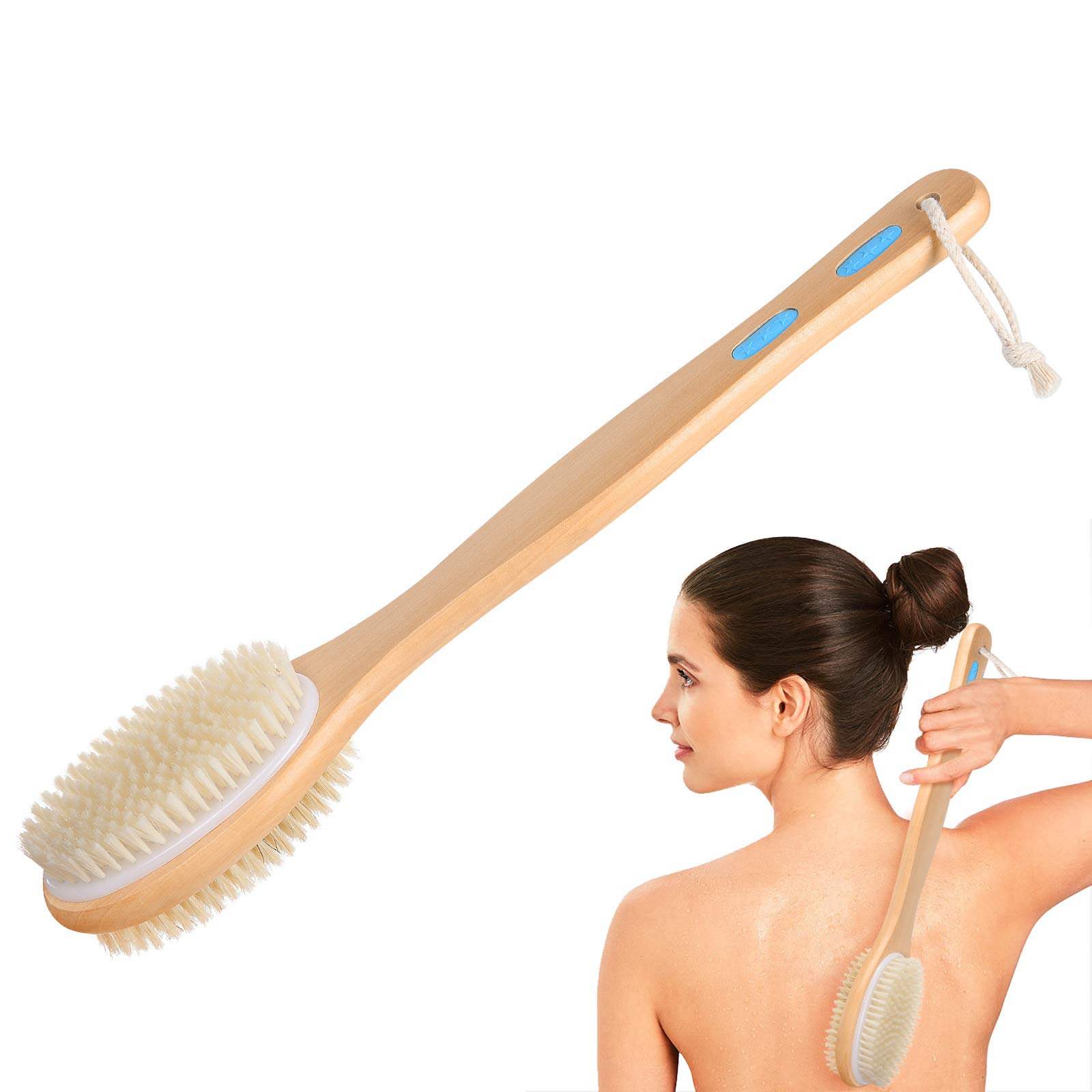 URAQT Body Brush Back Scrubber, Long Handle Bath Shower Brush with Soft and Stiff Bristles, Double-Sided Brush Head for Wet or Dry Brushing, Exfoliating Massage