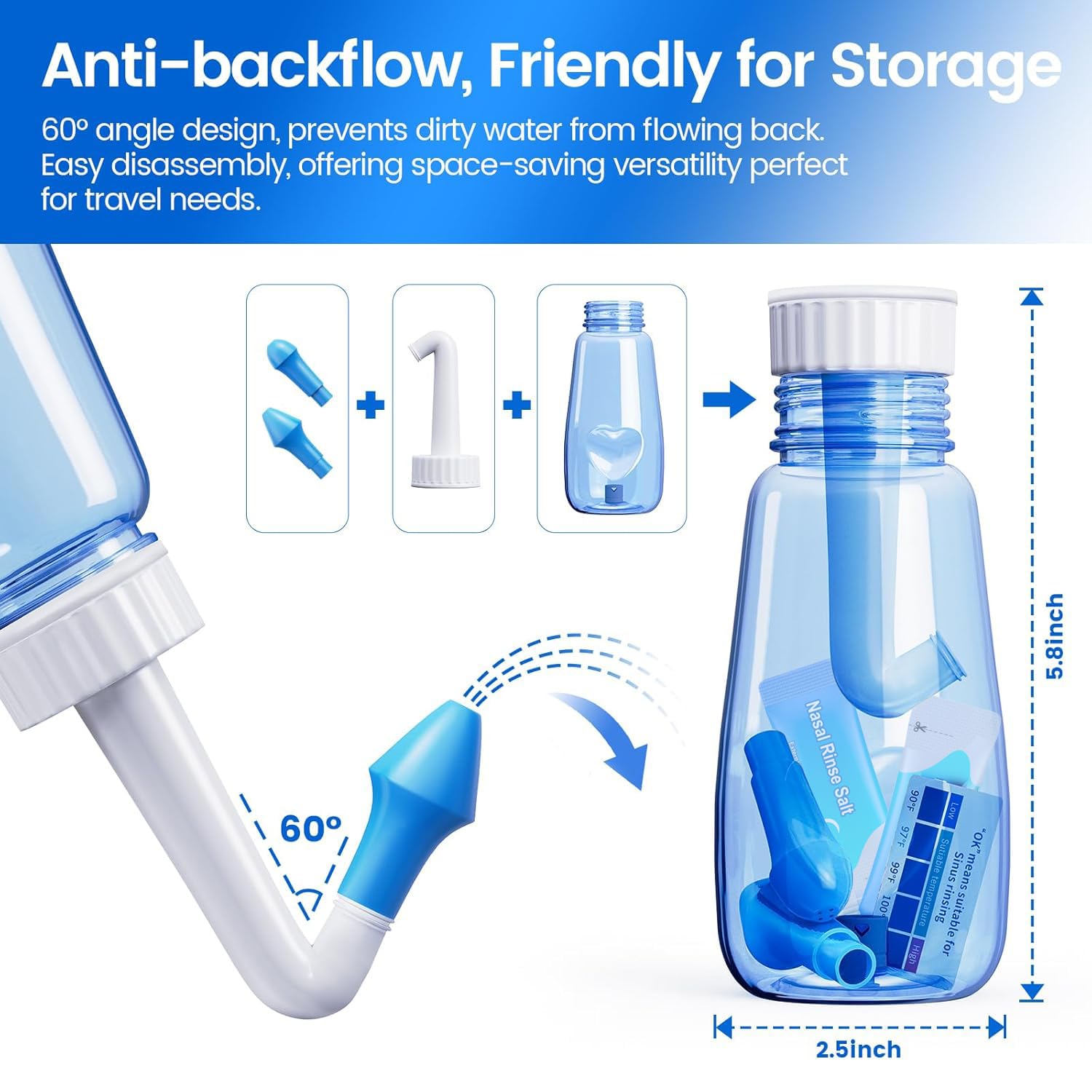 CYOUH Neti Pot Sinus Rinse Bottle 260 ML with 60 Nasal Wash Salt Packets and Sticker Thermometer Nose Wash Cleaner Pressure Rinse Nasal Irrigation for Adult & Kid BPA Free (Blue)