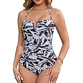 HAIVIDO Women's One Piece Swimsuits Tummy Control Bathing Suit Removable Halter Strap V Neck Ruched Padded Bandeau Swimwear