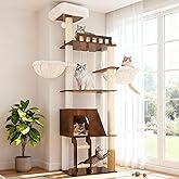 Hey-brother Wooden Cat Tree, Furniture Tower with Large Platforms, MPJ121SR | 72.4 inch, Modern Full Sisal Scratching Posts, Hammocks, Spacious Condo, Ladder, Brush, Water Proof Surface, Rustic Brown
