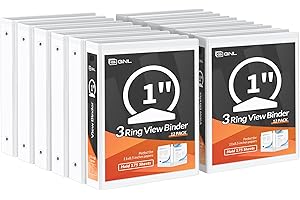 GNL 1 Inch Binders 3 Ring Bulk, 1" Three Ring Clear View Binder (Fit 8.5"x11" Paper) PVC-Free & Non-Stick for Office & School Supplies, White, 12 Pack