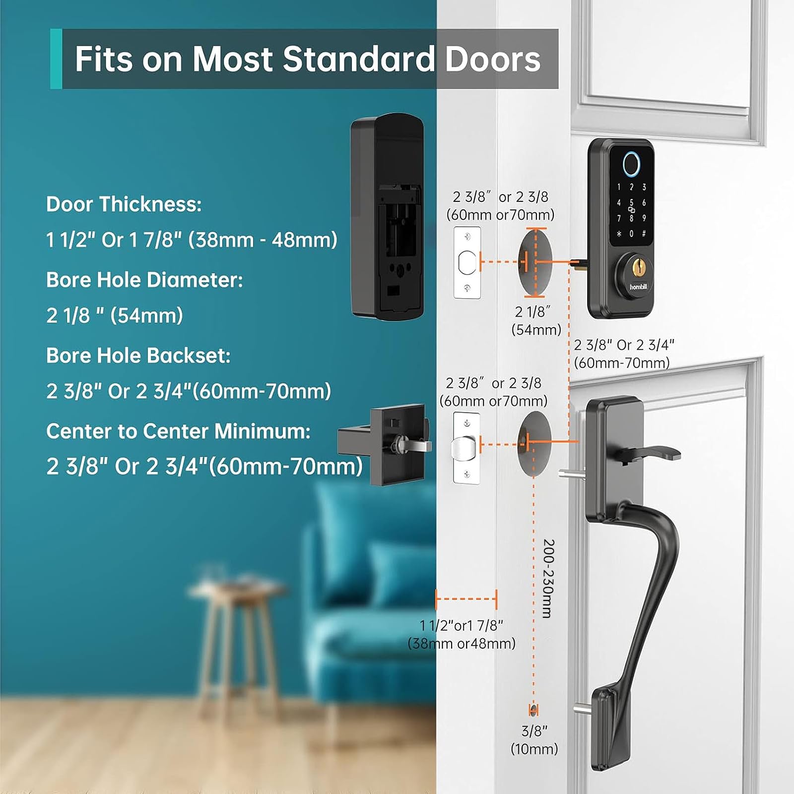 Hornbill Smart Lock Front Door - Keyless Entry Door Lock with Handle Set, Smart Deadbolt for Front Door, Bluetooth Fingerprint Biometric Auto Lock for New House, Airbnb, Office, Appartment