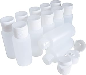 kelkaa 1oz HDPE Durable Plastic Travel Size Bottles with White Flip Top Cap Natural Clear Containers for Any Liquid Products, Multi Purpose Refillable Empty Bottles (Pack of 12)