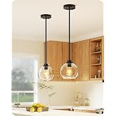 EDISHINE 2-Pack Pendant Lights Kitchen Island 7in Clear Glass Globe Shade | Hardwired, Matte Black Finish, Adjustable Metal Rods, E26 Base, Ideal Light for Bathroom, Dining Room, Bedroom