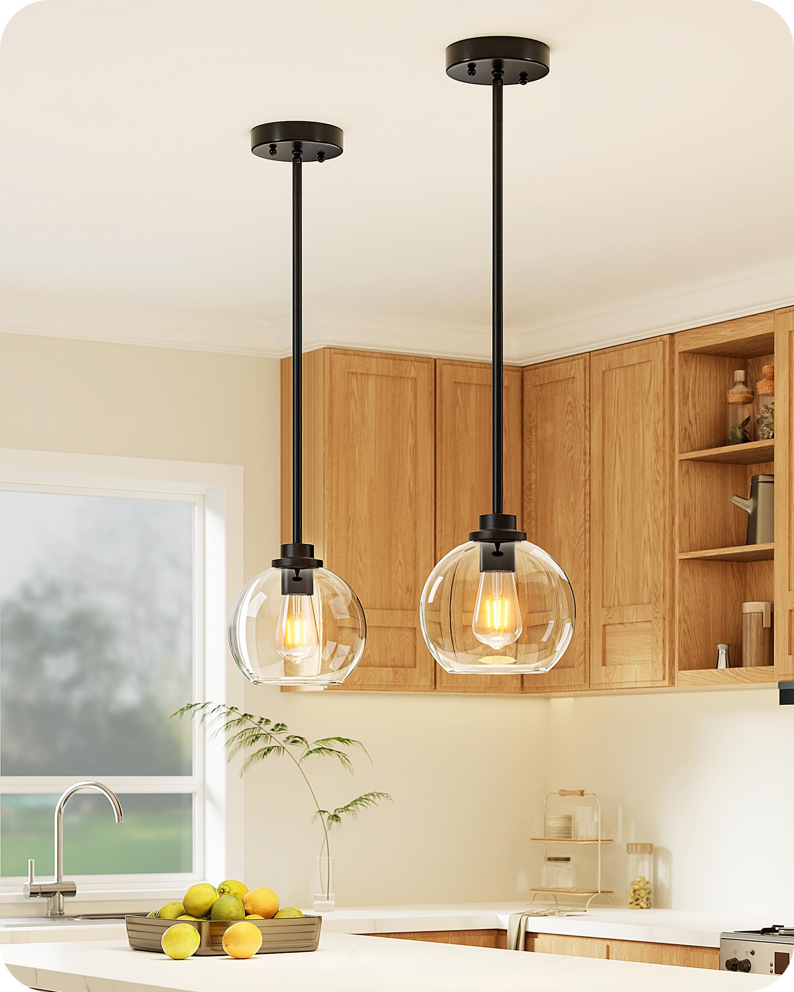 Photo 1 of EDISHINE Modern Pendant Lights Kitchen Island 2 Pack, Hanging Light Fixture with Clear Glass Globe Shade, Hardwired Matte Black Adjustable Metal Rod for Bathroom, Dining Room, Bedroom