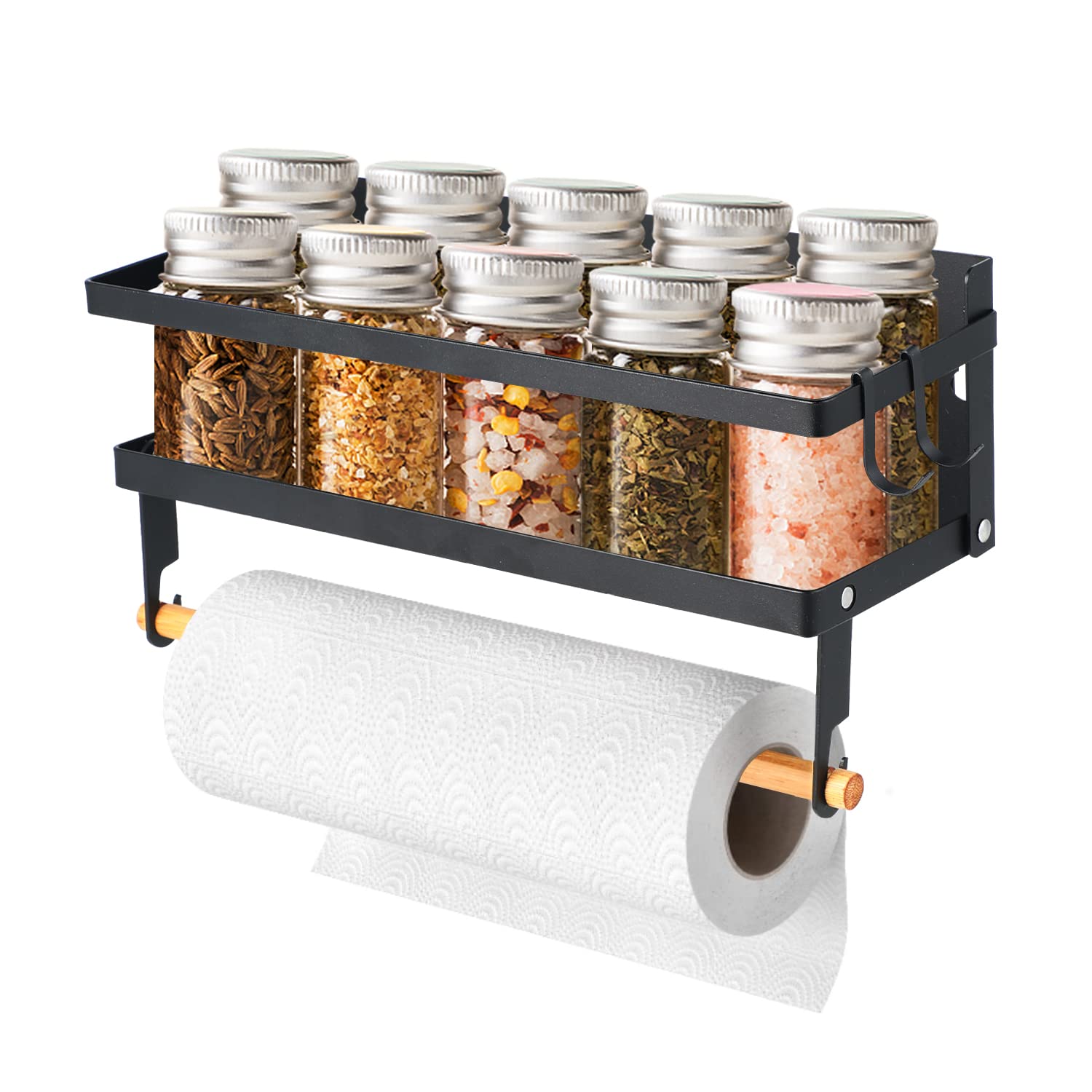 Aitmexcn Spice Rack Magnetic Shelf with Paper Towel Holder Roll, Magnetic Spice Holder, Wall Mounted Seasoning Organizer