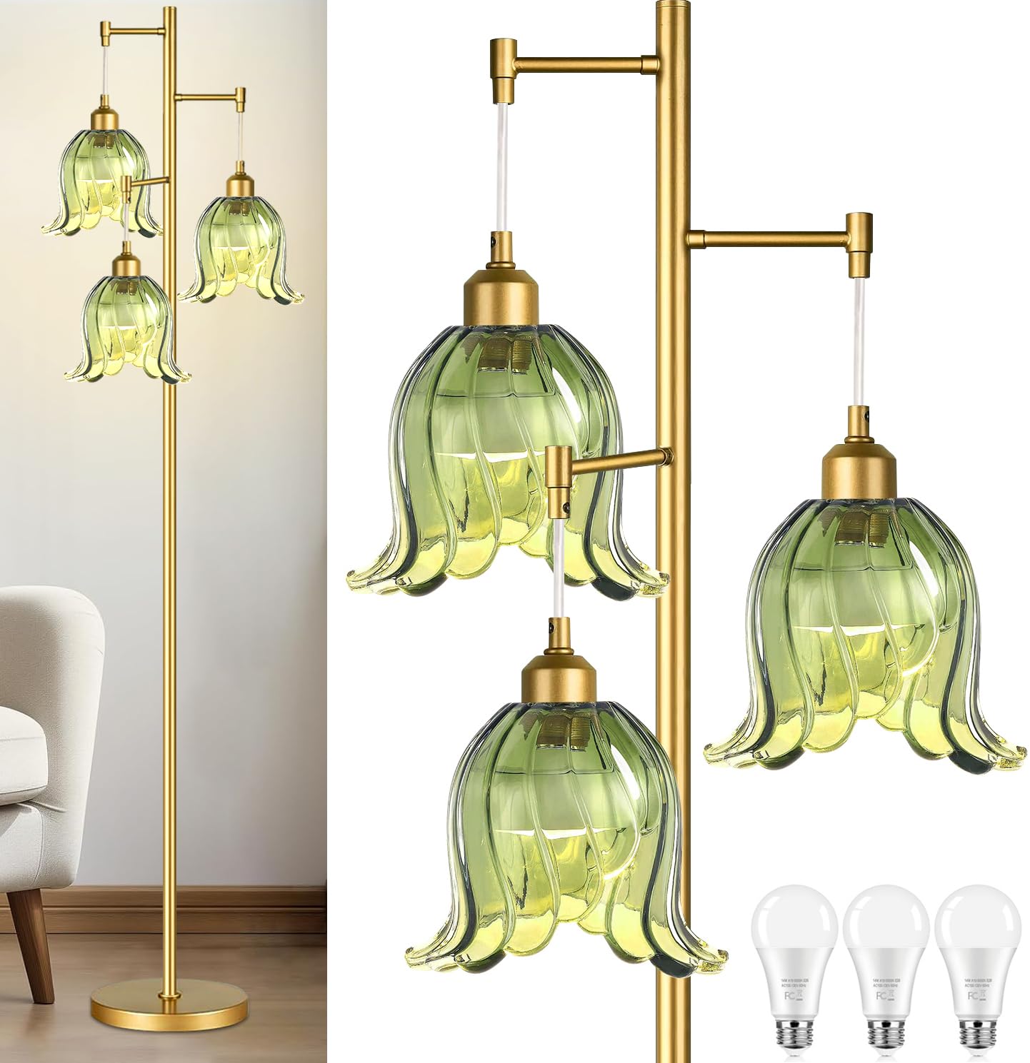 Photo 1 of ILLMTW Glass Floor Lamps for Living Room,Bedroom,Gold Mid Century Modern Standing Lamp Brass Tree 3 Light Tall Floor Lamps Vintage Retro Floor Lights Green Lamp Shade Farmhouse Boho Bohemian
