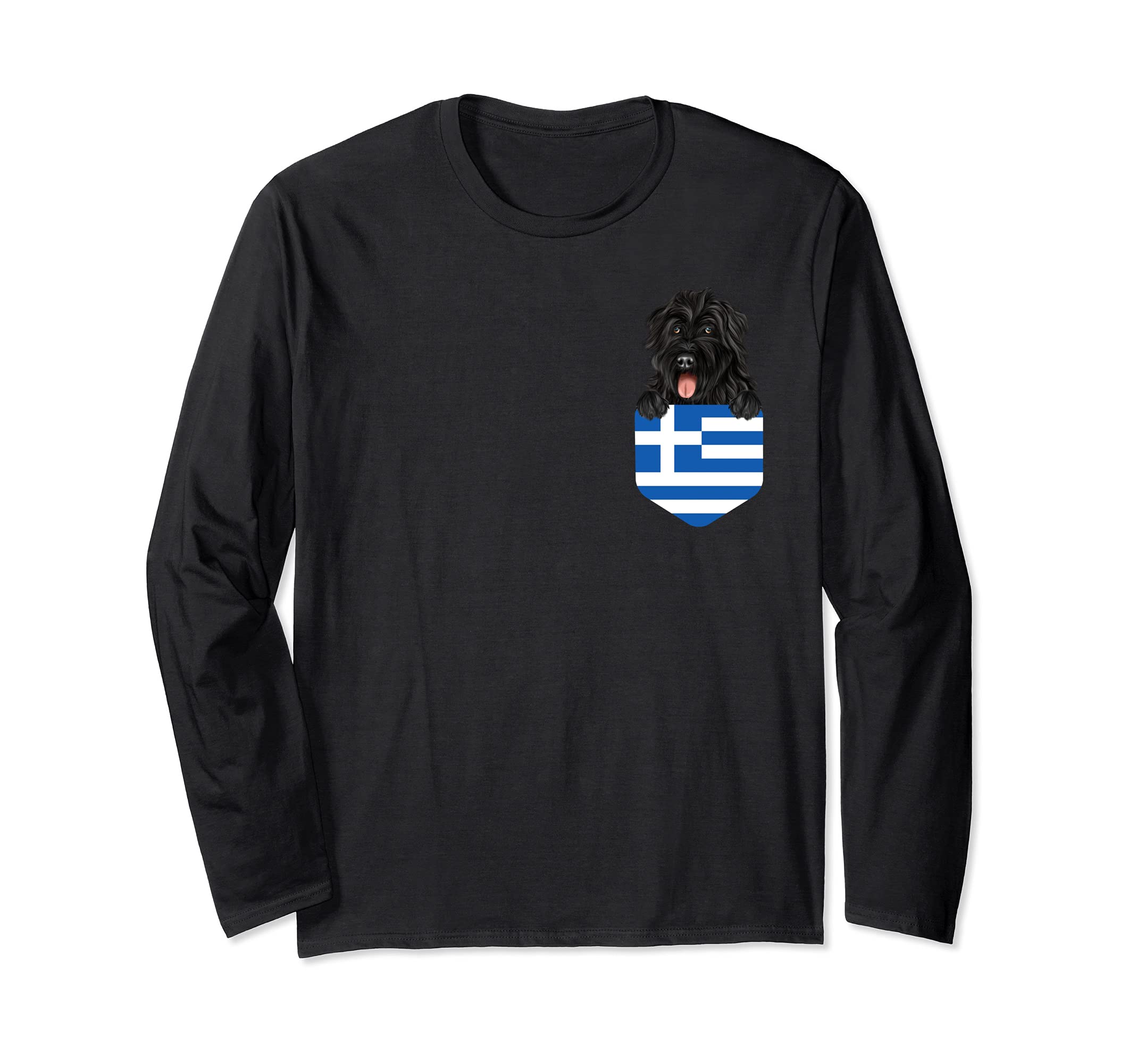 Greece Flag Bouvier des Flandres Dog In Pocket Long Sleeve T-Shirt