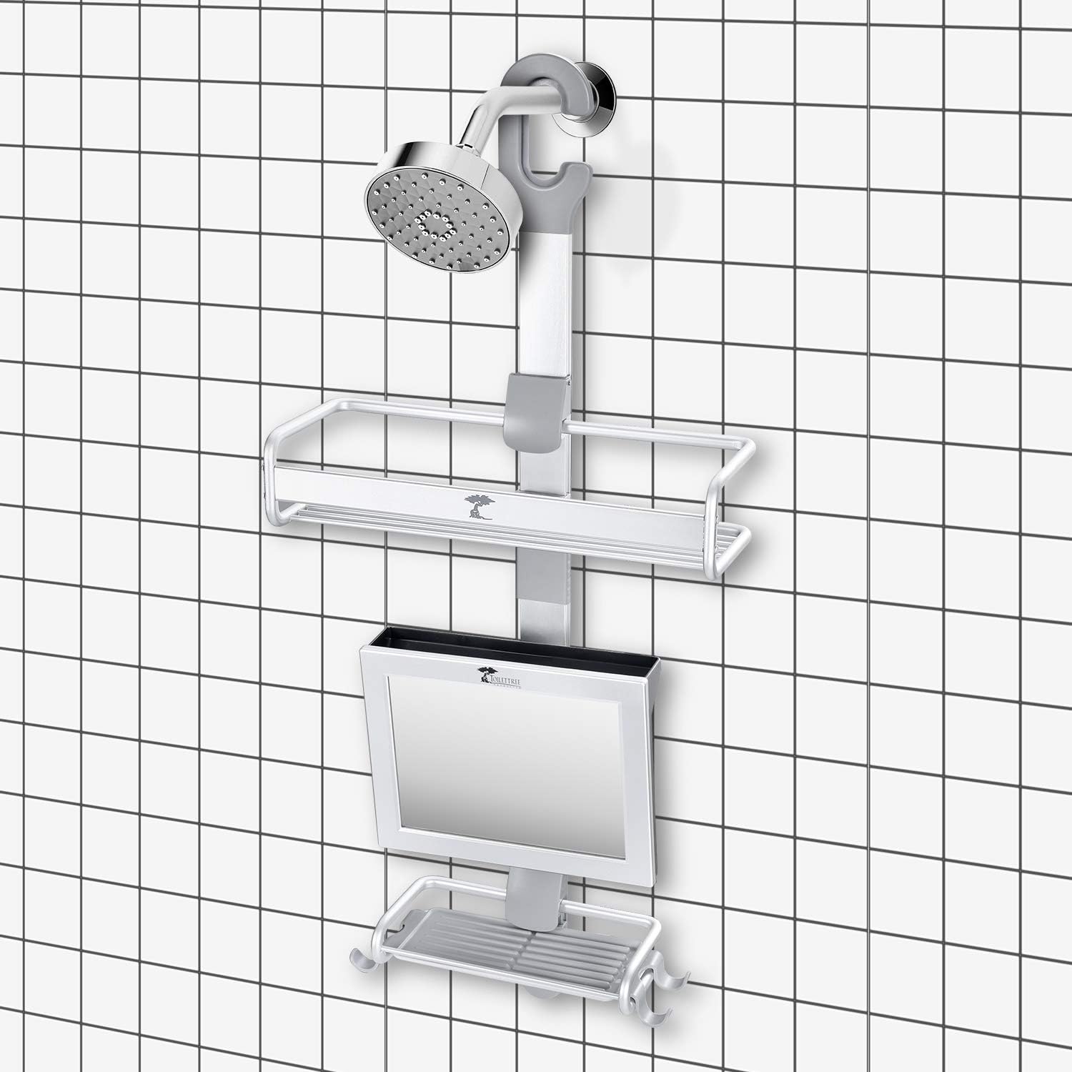 ToiletTree Products Rustproof Aluminum Shower and Bath Caddy with Fogless Shower Bathroom Mirror and Squeegee (Mirror with Aluminum Caddy): Kitchen & Dining