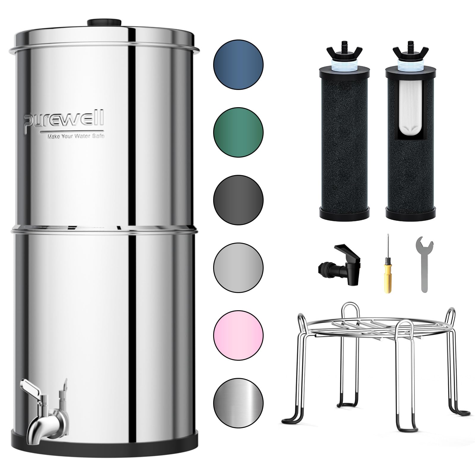 Photo 1 of Purewell 3-Stage 0.01?m Ultra-Filtration Gravity Water Filter System, NSF/ANSI 42&372 Certification, 304 Stainless Steel Countertop System with 2 Filters and Stand, Reduce 99% Chlorine, 2.25G, PW-OB