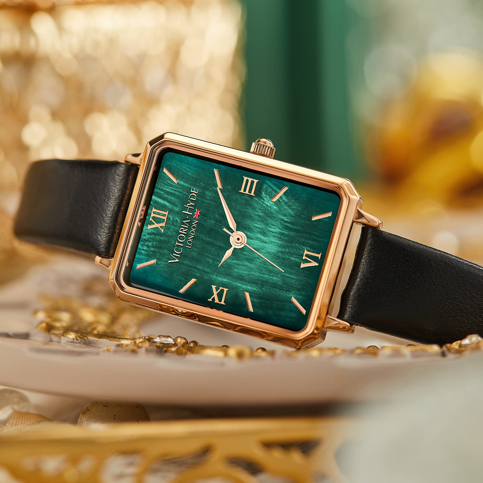 VICTORIA HYDE Gorgeous Women's Watch Green Mother of Pearl Dial Elegant Timepiece Rectangular Face Watches with Black Leather Band (Black)