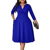 Runwind Women’s Plus Size Midi Dress 3/4 Sleeve Fit and Flare Cocktail Dresses Casual V-Neck Dress with Pockets