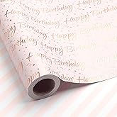 LDGOOAEL Mini Birthday Wrapping Paper Roll - Reversible Design (17" X 32.8 Feet) - Metallic RoseGold/Stripes