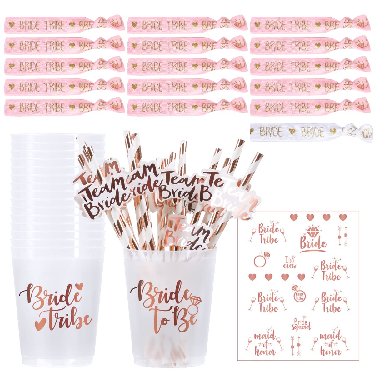 iZoeL Hen Party Cups Set – 16 Bride to Be Cups and Straws Team Bride Bracelet Tattoos – Hen Party Accessories Party Favours Biodegradable Party Bag Fillers