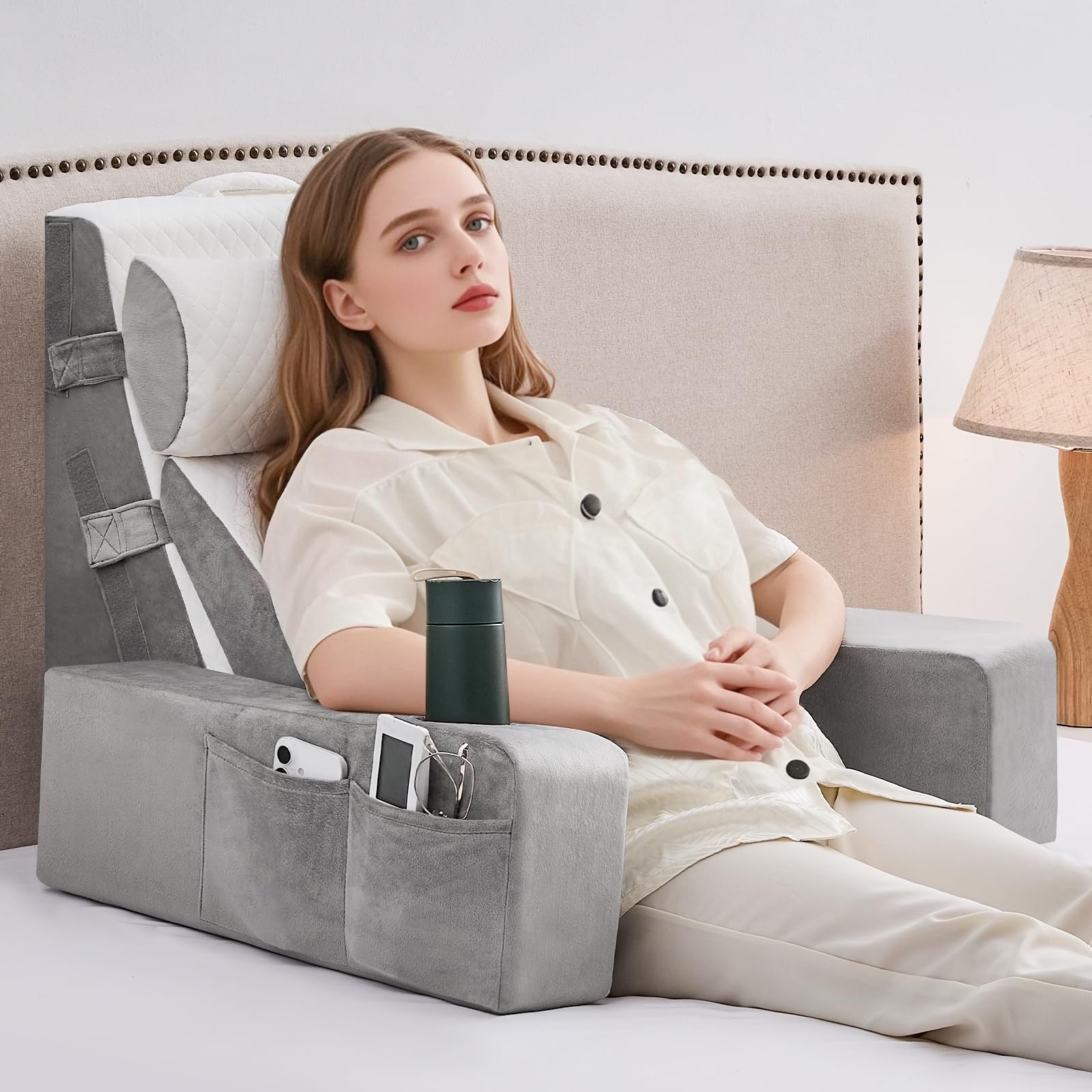 Photo 1 of 5pcs Reading Pillow for Adults Sitting in Bed – Back Pillow for Bed Sitting Up with Arms, Pockets & Cup Holder, Sit-Up Backrest Pillow for Beds & Chair Use, Beds Rest Pillows for Gaming, Watching TV