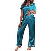 Ekouaer Satin Pajamas for Women Short Sleeve Silk Pajama Sets Soft Sleepwear Top with Causal Long Pj Pant