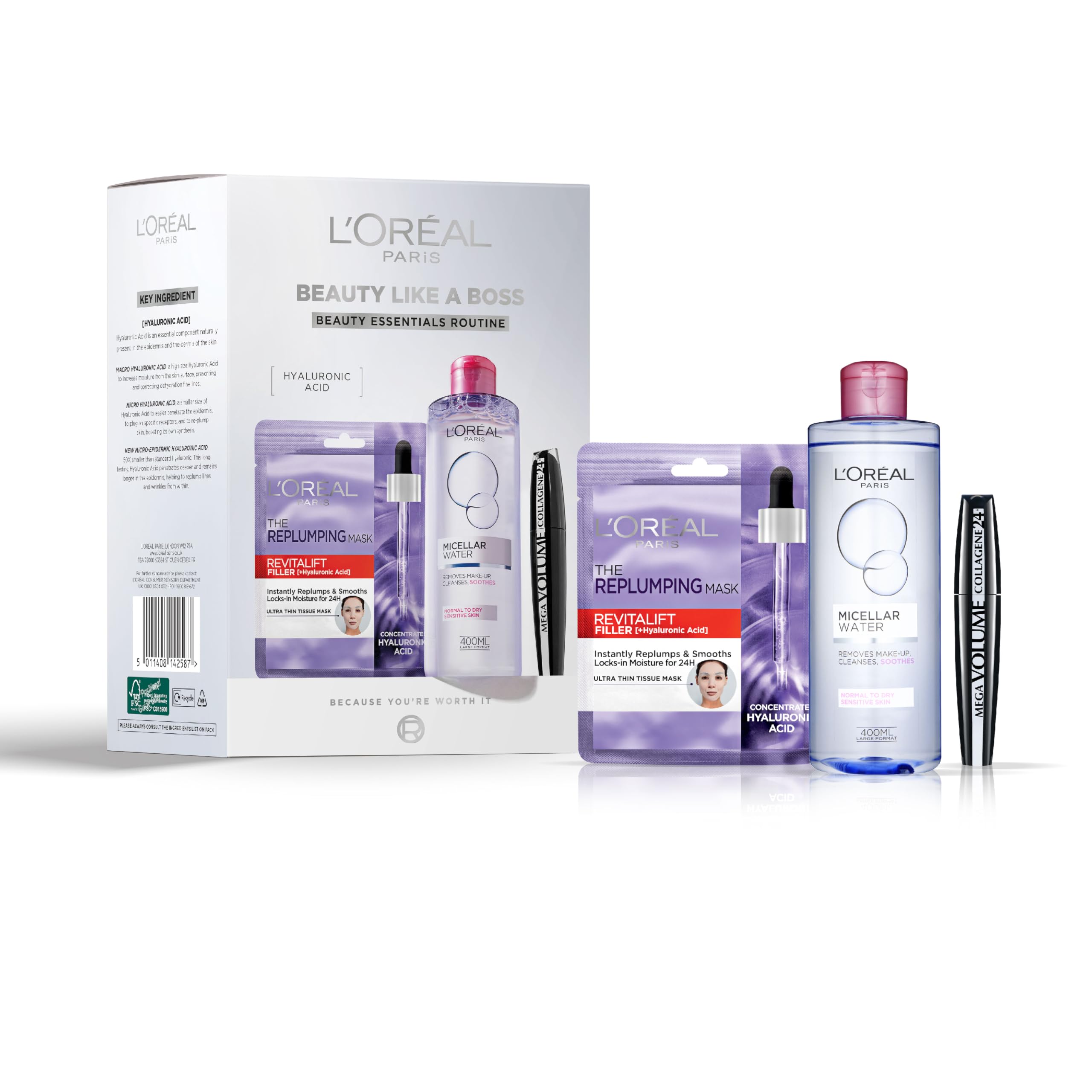 L'Oreal Paris Beauty Like a Boss Giftset, Skincare Routine Powered by Hyaluronic Acid; Micellar Water + Replumping Tissue Mask + Mega Volume 24hour Collagen Mascara, Prep & Glow Everyday — image 1