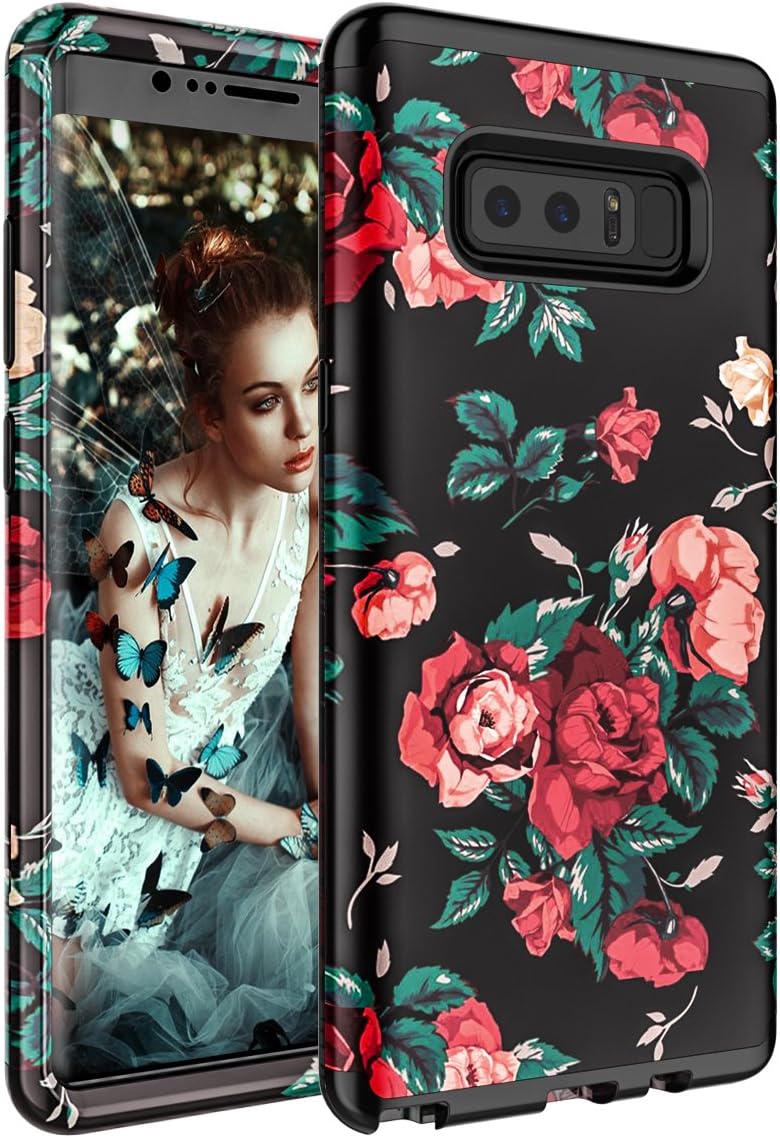 KAKA Galaxy Note 8 Case Galaxy Note 8 Floral Case,3 Layer Heavy Duty Hybrid Silicone + PC Sturdy Cover High Impact Resistant Protective Case for Samsung Galaxy Note 8 (Flower Black)