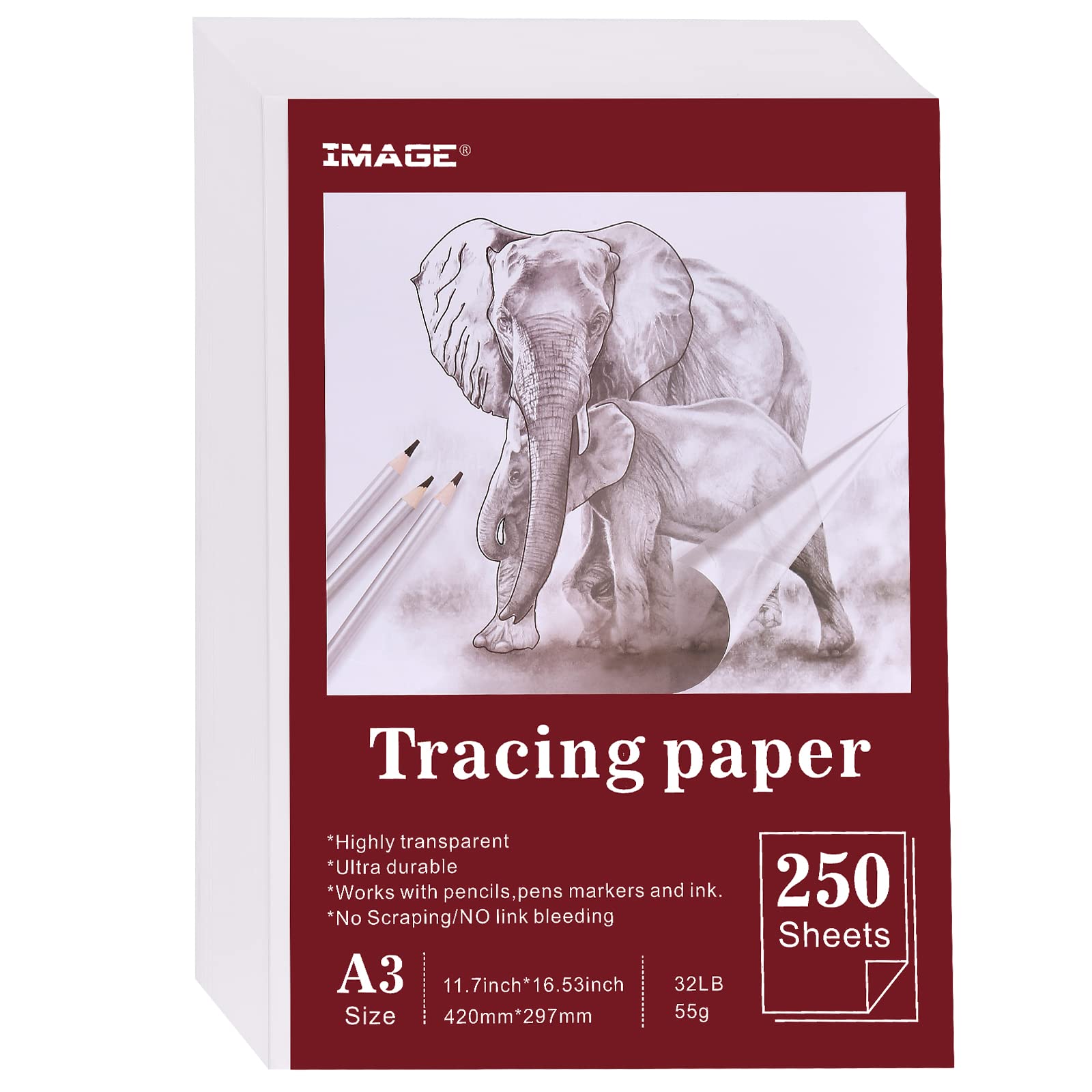 IMAGE A3 Tracing Paper 250 Sheets Transparent Paper Translucent Vellum Paper Art Sketching Paper for Drawing and Animation, White