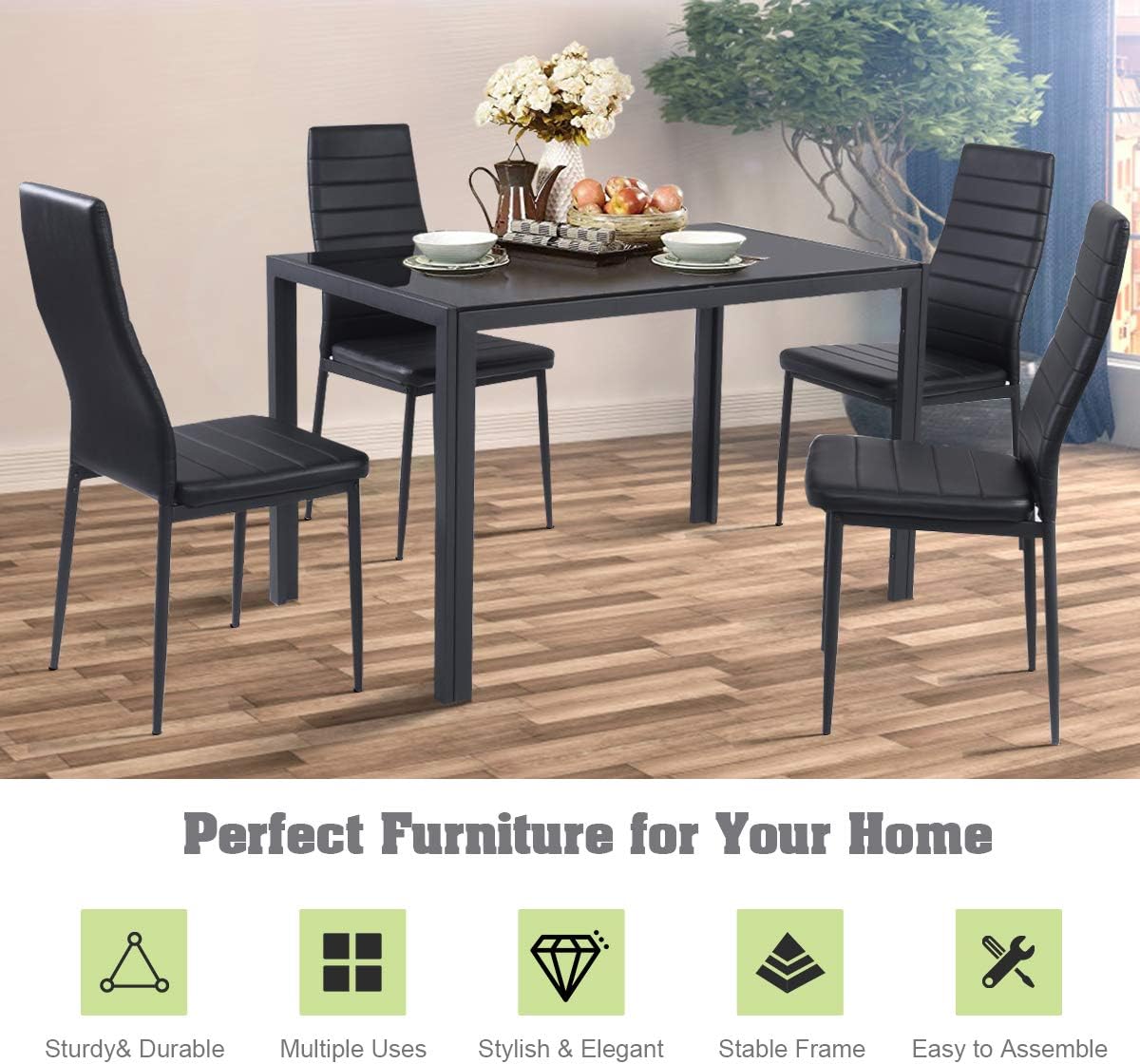 Giantex 5 Piece Kitchen Dining Table Set with Glass Table Top Leather Padded 4 Chairs and Metal Frame Table for Breakfast Dining Room Kitchen Dinette, Black - Table & Chair Sets
