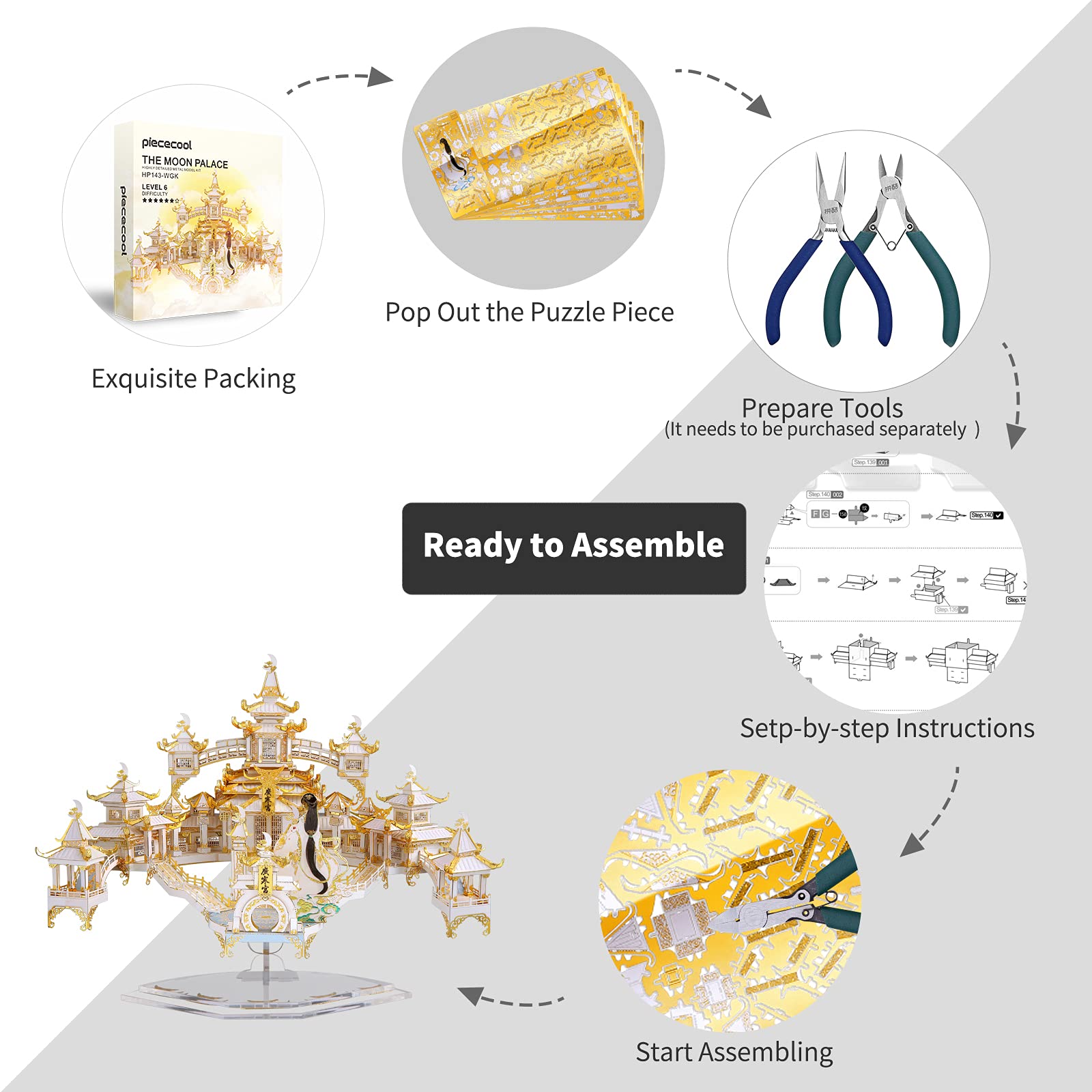 Piececool 3D Metal Puzzles for Adults, The Moon Palace 3D Metal Models Kits, Chinese Architecture Building Kits, Brain Teaser 3D Puzzles for Teens DIY Craft Kits, Great Birthday Gifts, 429 Pcs