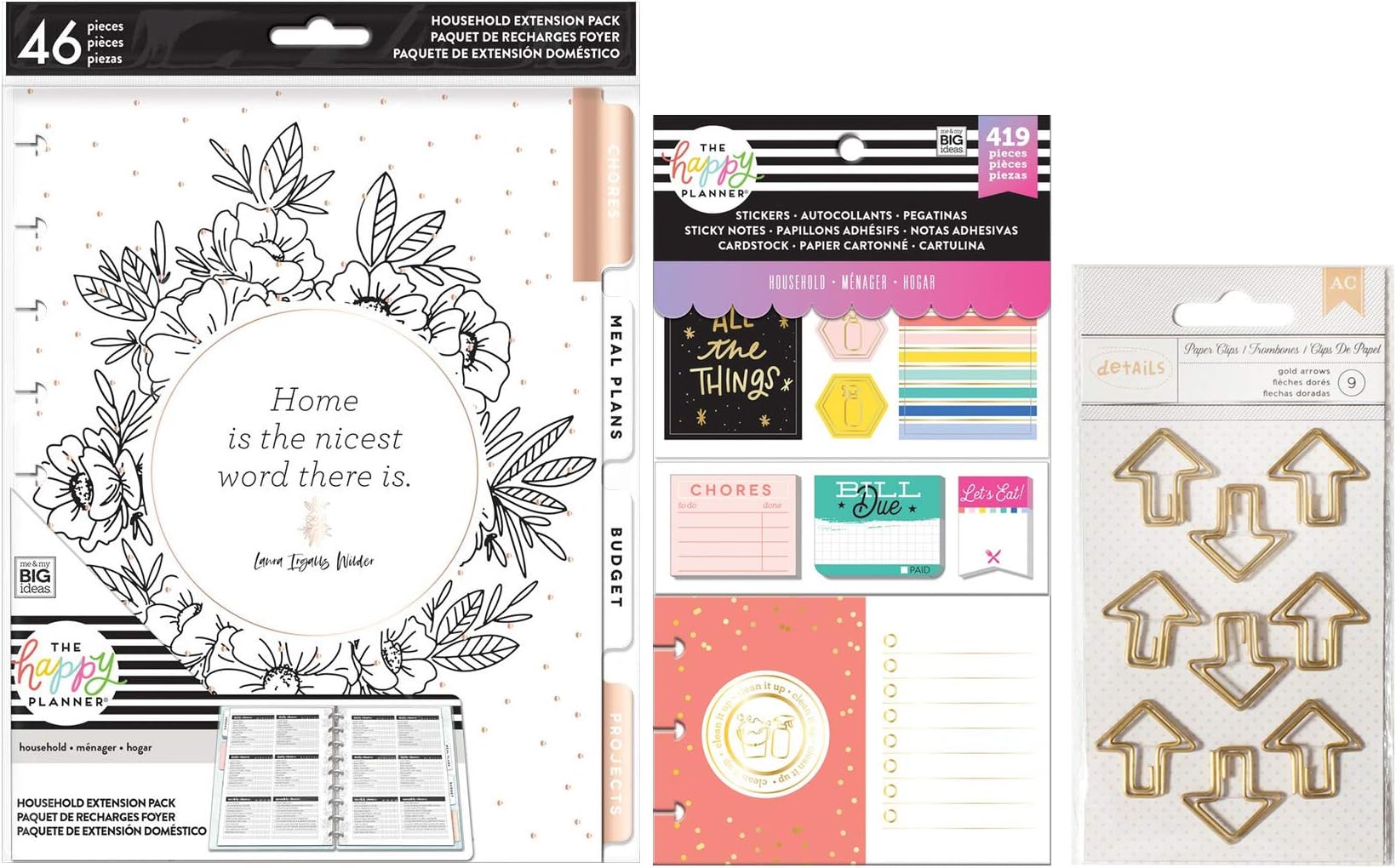 Classic Happy Planner Household Extension Bundle - Home Extension Pack, Household Accessory Pack and Shaped Planner Clips - 3 Items