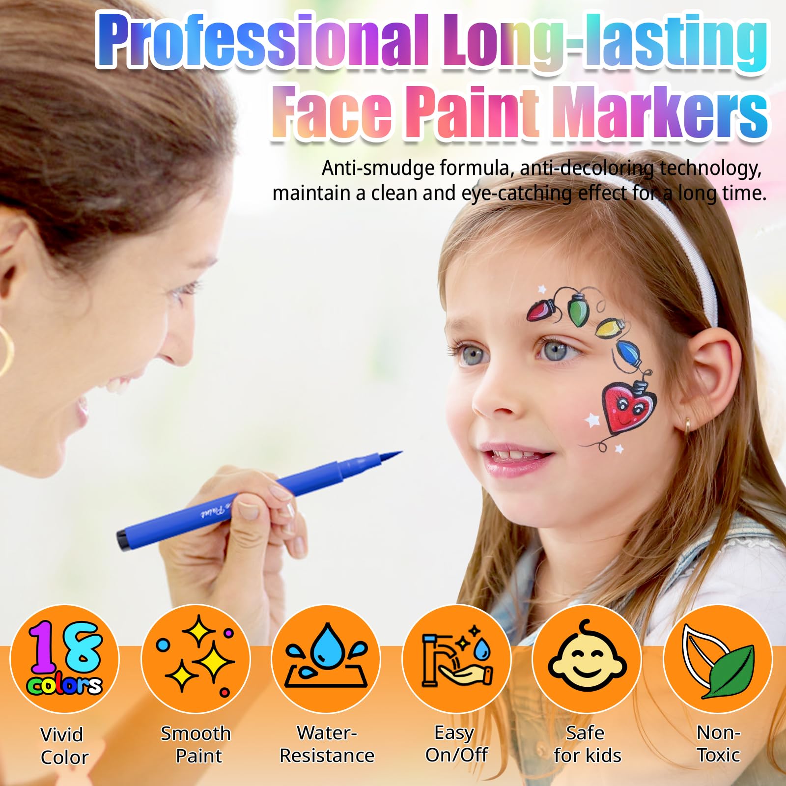 18 Colors Face Painting Markers - Water Resistant, Sweatproof, Waterproof Tattoo Pen for Halloween Body Paint - Anti-Smudge for Party, Kids, Adults