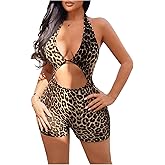 WDIRARA Women's Sexy Romper Leopard Hollow Out Backless Sleeveless Halter Bodycon Short Jumpsuit