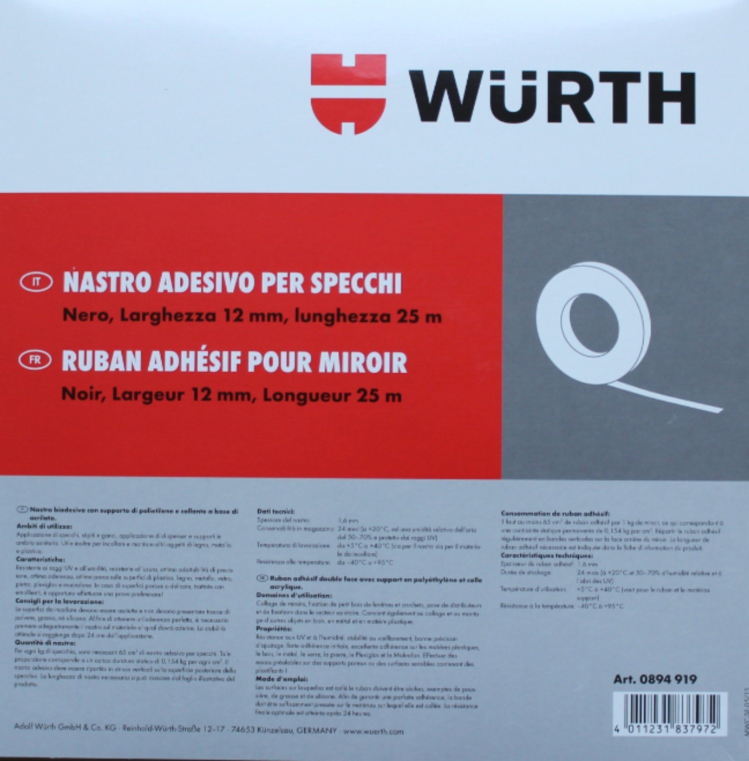 Würth adhesive mirror tape, width: 12 mm, length: 25 m, for fixing mirrors, windows, dispensers, hooks, plumbing, white, polyethylene straps and acrylic adhesive