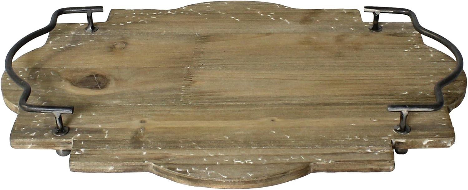 Benjara Scalloped Wooden Tray with Metal Handles, Brown and Black Home & Kitchen