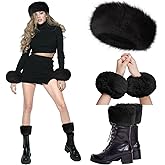 Liitrsh 3 Pieces Faux Fur Headband Set Earmuff Hat Fuzzy Short Wrist Warmers Boot Cuff Arm Warmers Accessories for Girls(Black)