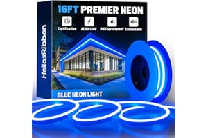 HELIOSRIBBON 16FT Blue LED Neon Rope Lights, AC 110-120V Flexible Neon Strip Outdoor Waterproof ETL Listed, Connectable and Cuttable, for Bar Pub Game Room Home Commercial Festival Ambient Lighting Decor