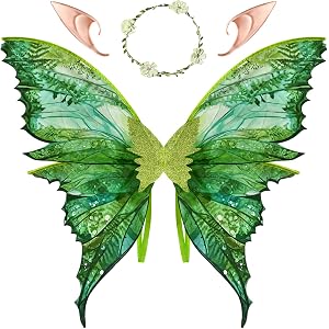 ROCKY PARTY Fairy Wings for Adults Women Fairy Costume with Elf Ears and Fairy Flower Arm Wrap for Halloween,Cosplay