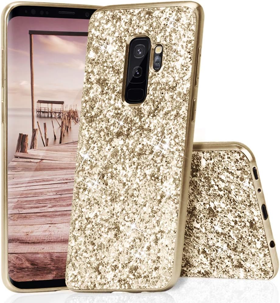 Galaxy S9 Plus Glitter Case,HUDDU Bling Diamond Sparkles Luxury Shinny Back Cover Soft Silikon TPU Bumper Case Anti-Scratch Protective Phone Case for Samsung Galaxy S9 Plus Gold