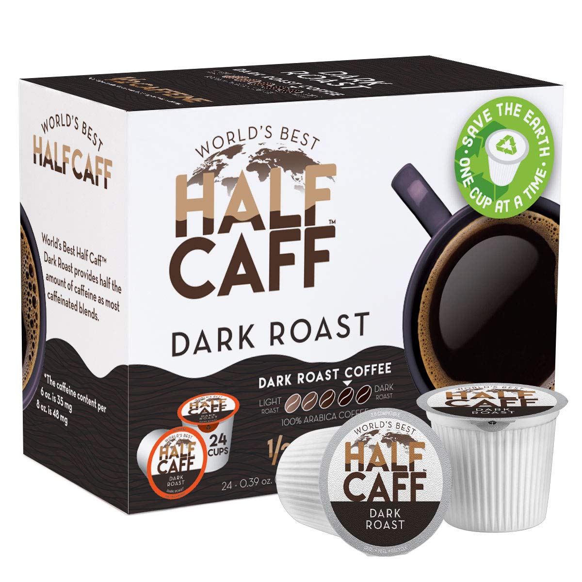 World's Best Half Caff Dark Roast Coffee 24ct. Recyclable Single Serve Dark Roast Coffee Pods - 100% Arabica Coffee California Roasted, Keurig Dark Roast K Cups Compatible Including 2.0